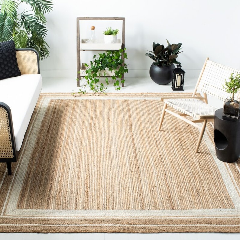 White bordered jute rug Handmade Natural jute Rug, Square Carpet, Rectangle Rug, jute area rug, Braided carpet,Bohemian rug ,jute Runner rug