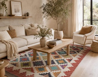 Handwoven Wool Jute Kilim Rug –Multicolor Contemporary Dhurrie, Boho Style, Kilim Dhurrie Rug, Traditional Indian jute Area Rugs