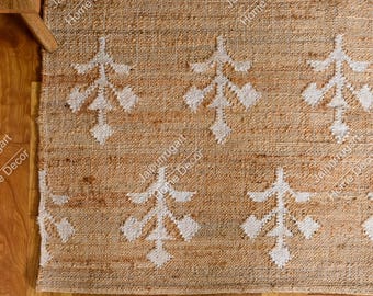 9x12,10x12, 12x14 Jute Rug Ivory white Flower Natural Jute  Hand Woven Premium Quality Boho Style Rug Moroccan Nordic Rug Bohemian Decor Rug