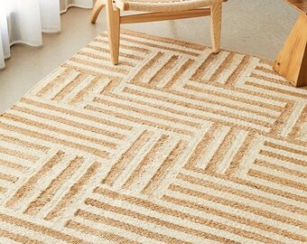 Hand-Woven Striped Jute Rug | White & Natural Flatweave | Sustainable Eco-Friendly Area Mat | Natural Fiber Large Area Hemp Jute Rug