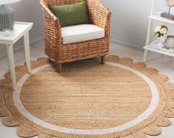Handwoven Scalloped Jute Rug, Bohemian Round Area Mat