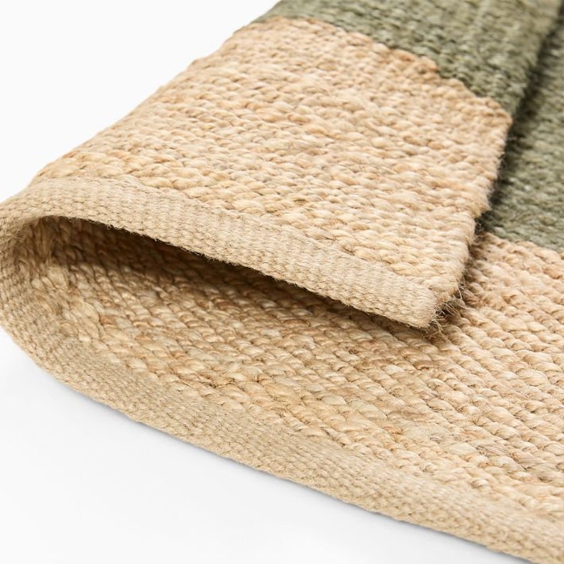 9x12 Handmade Green With Natural Hemp Jute Rungs-Extra Large Jute Rugs green Jute Rugs-Stripes jute Rug, Large Area Hemp Rug For Hallway Rug