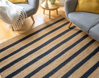 Gestreept handgemaakt getuft henneptapijt hennepjute loper handgeweven tapijt boho vintage groot tapijt voor decor hennepjute tapijt