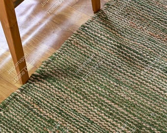 Handmade Green Jute Rug: Handmade Natural Hemp Jute Area Rug - Eco-Friendly Geometric Design, Boho Farmhouse Décor, Custom Size Available