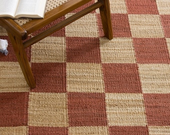 Handmade red and Natural Hemp Jute Rungs-Extra Large Jute Rugs red Jute Rugs- checkerboard  jute Rug, Large Area Hemp Rug For Hallway Rug