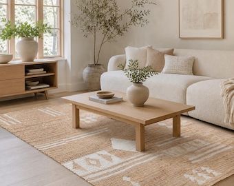 Handmade Natural fiber cotton jute hemp rug for home decor, White line stripe pattern jute area rug, Minimalist woven carpet, eco friendly