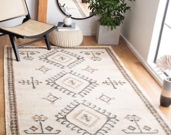 Handwoven Natural Geometrical Jute Rug | Neutral, Cream and Black Flat Weave Dhurrie  Modern Farmhouse Eco-Friendly Area Carpe Bohemian Rug,