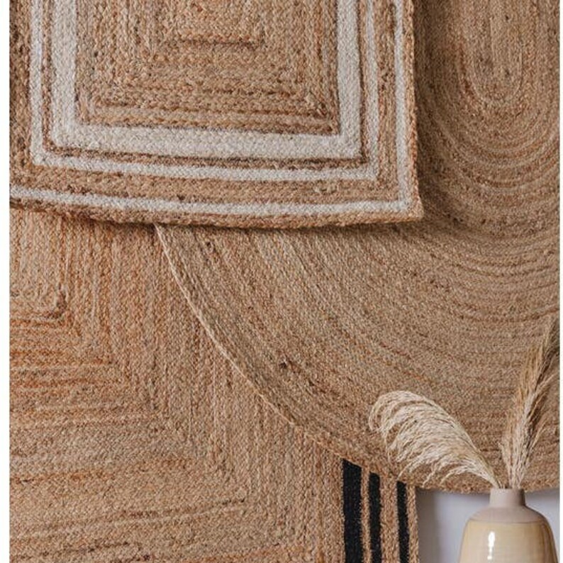 Black Handmade Jute Rug, Boho Living Room Rug, Natural Jute Rug, Square