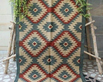 Handmade Wool Jute Kilim Rug: Geometric, Bohemian Area Rug