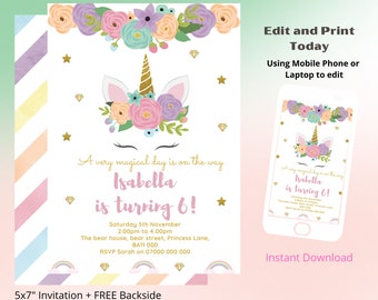 Unicorn Invitation, Unicorn Invites, Instant Download Unicorn Invites, unicorn birthday party, Unicorn editable party invite, rainbow