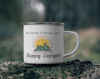 Happy Camper Mug, enamel mug, campfire mug, mountain mug, outdoor mug, camp mug, sunshine mug, camp cup, Happy camping