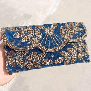 Gold Blue Beaded clutch, Blue Velvet Gold Clutch Bag Pearl Clutch Purse Evening Clutches sequenced Clutch Strap Black clutch and evening bag