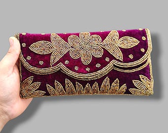 Purple Velvet Clutch Gold Beaded Bag, Gold embroidery Bag, Handmade Party Clutch, Indian Wedding Clutch, Gift for Her , Rave party clutch