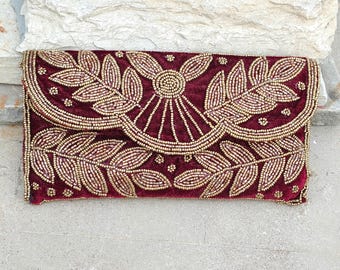 Handmade Maroon Velvet Beaded Clutch Bag | Wedding Party Purse | Indian Embroidered Evening Bag