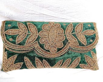 Green Velvet Clutch Bag | Handmade Beaded Evening Purse | Indian Ethnic Wedding Clutch | Party Gift Bag for Women | Boho Accessory Gift