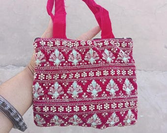 Handmade Pink Velvet Embroidered Floral Tote Bag, Bohemian Purse