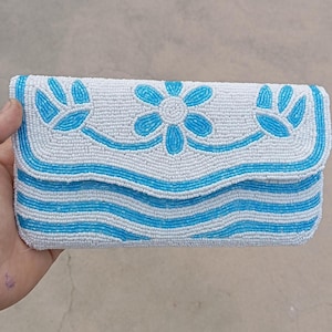 Blue white Clutch bag, Hand beaded blue clutch, Floral beaded clutch, Indian Handicraft Purse Gift for Her, formal clutch, wedding clutch
