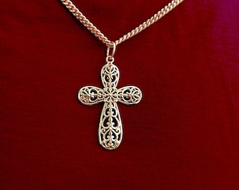 Gold Filigree Cross Necklace, Christian Religious Pendant