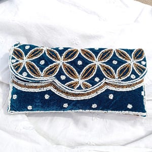 Hand Beaded Clutch, Blue Velvet Party Bag With Braided Bead Shoulder Strap , Indian Handicraft Purse Gift for Her, Gift for wife
