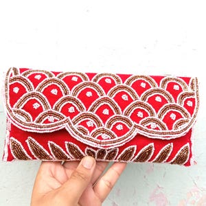 Red velvet beaded clutch, Floral beaded evening bag, Wedding beaded clutch with braided shoulder strap , Bridesmaids gift, Red Retro Clutch