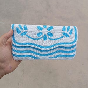 Blue white Clutch bag, Hand beaded blue clutch, Floral beaded clutch, Indian Handicraft Purse Gift for Her, formal clutch, wedding clutch