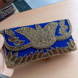 Hand Beaded Clutch, Blue Velvet Party Bag With Braided Bead Shoulder Strap , Indian Handicraft Purse Gift for Her, Gift for wife