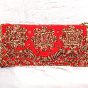 Red velvet beaded clutch, Floral beaded evening bag, Wedding beaded clutch with braided shoulder strap , Bridesmaids gift, Red Retro Clutch