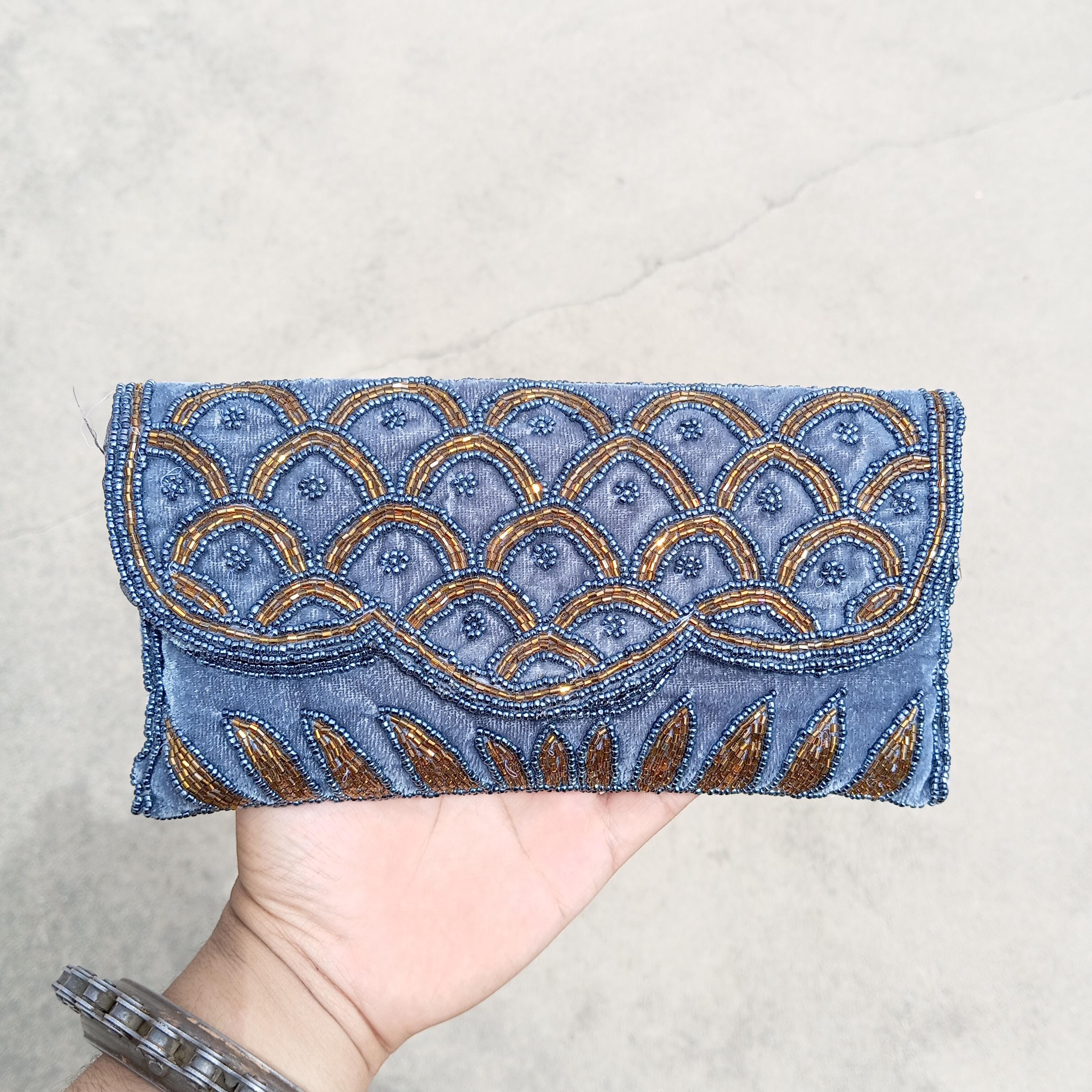 Hand Beaded Clutch, Blue Velvet Party Bag With Braided Bead Shoulder Strap , Indian Handicraft Purse Gift for Her, Gift for wife