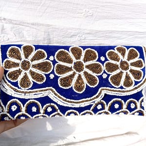 Clutch con cuentas azules y doradas, Clutch de terciopelo azul dorado, Clutch con perlas, Clutch de noche con correa secuenciada, Clutch negro y bolso de noche