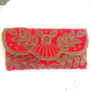 Royal Red velvet beaded clutch, Floral beaded evening bag, Wedding beaded clutch with braided shoulder strap , Bridesmaids gift Retro Clutch