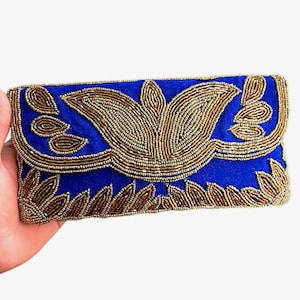 Royal Blue Clutch Bag , gold beaded clutch With Braided Bead Shoulder Strap , Indian Handicraft Purse, wedding clutch, formal bag