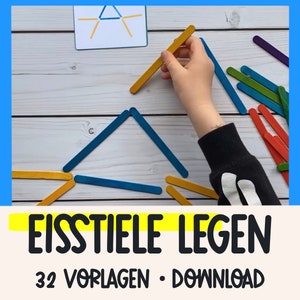Bilder aus Eisstielen legen Aufgabenkarten für Kinder Eisstiele Formen nachlegen Eisstiele Montessori Lernmaterial Geometrie Spiel Vorschule
