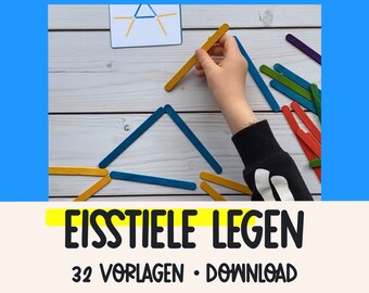 Bilder aus Eisstielen legen Aufgabenkarten für Kinder Eisstiele Formen nachlegen Eisstiele Montessori Lernmaterial Geometrie Spiel Vorschule