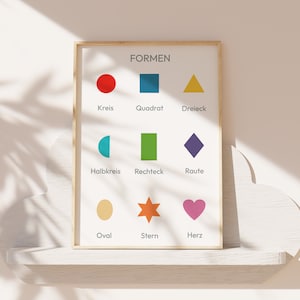 Könnte beinhalten: Ein gerahmtes Lernspiel mit dem deutschen Wort "FORMEN" oben, was "Formen" bedeutet. Das Poster zeigt neun verschiedene Formen, jede mit einem deutschen Namen darunter: Kreis (Kreis), Quadrat (Quadrat), Dreieck (Dreieck), Halbkreis (Halbkreis), Rechteck (Rechteck), Raute (Raute), Oval, Stern (Stern) und Herz (Herz).