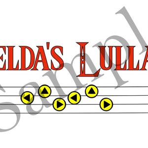 Puede incluir: Un gráfico rojo y blanco con el texto "ZELDA'S LULLABY" y un pentagrama con símbolos amarillos y negros en forma de triángulo.