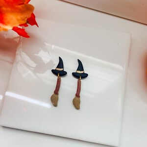 Polymer Clay Witch Hat and Broom Earrings | Halloween Earrings | Polymer clay earrings