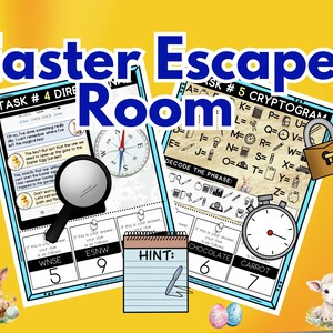 Puede incluir: Un juego de escape room de Pascua con una br&uacute;jula, una lupa, un temporizador, un candado y una llave, y un criptograma. El juego incluye tareas como descifrar una frase y encontrar una llave oculta.