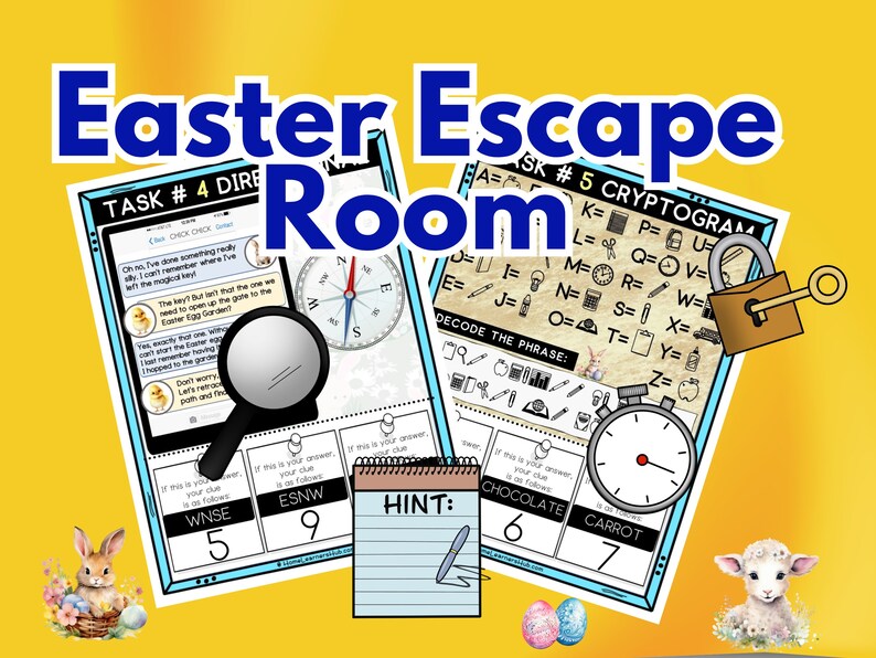 Puede incluir: Un juego de escape room de Pascua con una br&uacute;jula, una lupa, un temporizador, un candado y una llave, y un criptograma. El juego incluye tareas como descifrar una frase y encontrar una llave oculta.