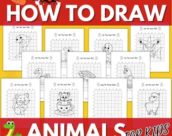 May include: A printable worksheet with 50 grid-based images of animals for children to copy. The worksheet is titled "How to Draw Animals for Kids" and includes the text "Can You Draw This?" on each page.