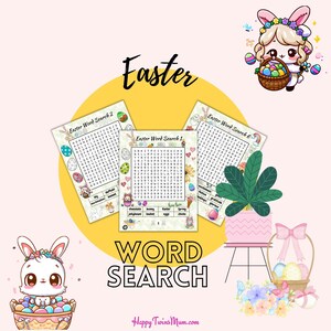 Może przedstawiać: Trzy drukowalne łamigł&oacute;wki z wyszukiwaniem sł&oacute;w na Wielkanoc z kr&oacute;likiem, kurczakami i jajkami. Zagadki są zatytułowane "Easter Word Search 1", "Easter Word Search 2" i "Easter Word Search 6".