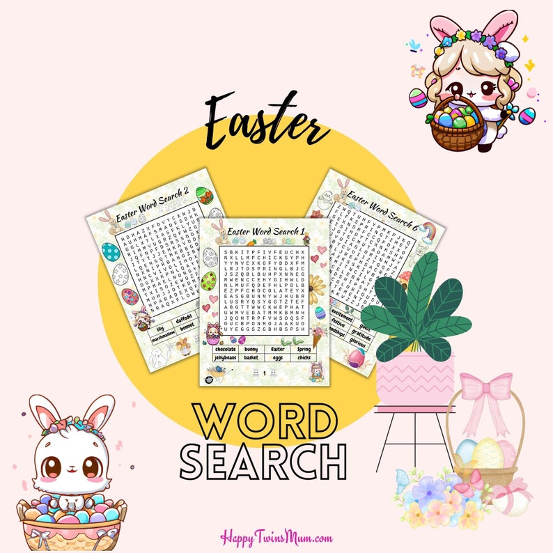Może przedstawiać: Trzy drukowalne łamigł&oacute;wki z wyszukiwaniem sł&oacute;w na Wielkanoc z kr&oacute;likiem, kurczakami i jajkami. Zagadki są zatytułowane "Easter Word Search 1", "Easter Word Search 2" i "Easter Word Search 6".