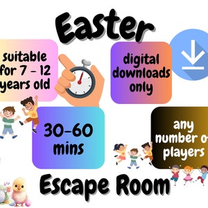 Puede incluir: Un juego de escape room con tem&aacute;tica de Pascua para ni&ntilde;os de 7 a 12 a&ntilde;os. El juego es digital y se puede jugar con cualquier n&uacute;mero de jugadores. Se tarda de 30 a 60 minutos en jugar.