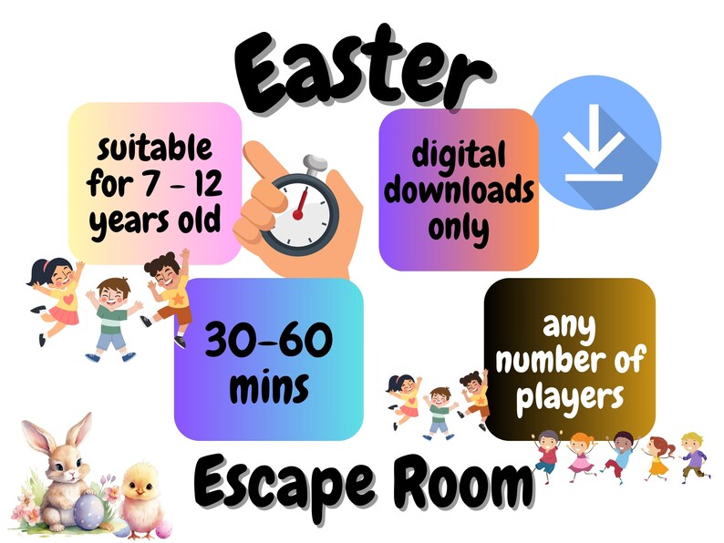 Puede incluir: Un juego de escape room con tem&aacute;tica de Pascua para ni&ntilde;os de 7 a 12 a&ntilde;os. El juego es digital y se puede jugar con cualquier n&uacute;mero de jugadores. Se tarda de 30 a 60 minutos en jugar.