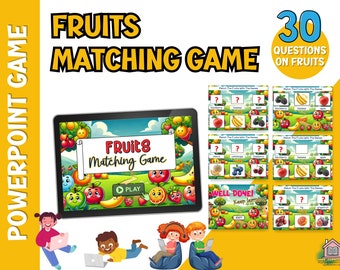 以下が含まれることがあります： タブレットの画面にフルーツのマッチングゲームが表示された、子供向けのカラフルなデジタルゲーム。ゲームには、フルーツに関する質問が30問あります。画面には、フルーツの漫画画像と、「FRUITS」と「Matching Game」という文字が表示されています。画面には再生ボタンがあります。このゲームは、子供たちがさまざまなフルーツについて学ぶのを助けるために設計されています。
