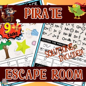 Puede incluir: Una actividad de escape room imprimible con temática pirata con nueve tareas. La imagen muestra una ilustración colorida de un barco pirata, un loro y una estrella. El texto "DECODE THE PHRASE" es visible en la página. El texto "SOLUTIONS INCLUDED!" también es visible en la página.