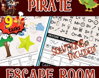 Puede incluir: Una actividad de escape room imprimible con temática pirata con nueve tareas. La imagen muestra una ilustración colorida de un barco pirata, un loro y una estrella. El texto "DECODE THE PHRASE" es visible en la página. El texto "SOLUTIONS INCLUDED!" también es visible en la página.
