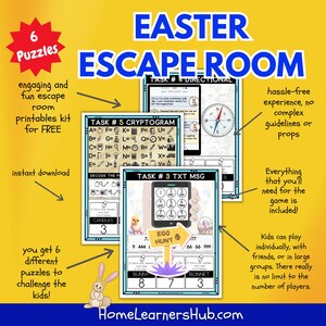 Puede incluir: Un kit de escape room imprimible colorido para ni&ntilde;os con tem&aacute;tica de Pascua. El kit incluye seis rompecabezas diferentes con tareas como descifrar mensajes, resolver un criptograma y seguir instrucciones. El texto en la imagen dice "Easter Escape Room".