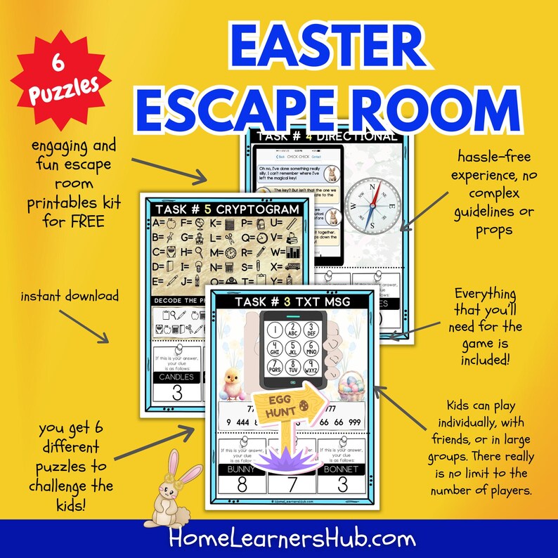 Puede incluir: Un kit de escape room imprimible colorido para ni&ntilde;os con tem&aacute;tica de Pascua. El kit incluye seis rompecabezas diferentes con tareas como descifrar mensajes, resolver un criptograma y seguir instrucciones. El texto en la imagen dice "Easter Escape Room".