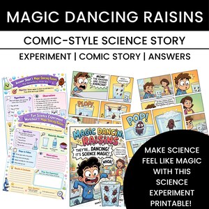 Könnte beinhalten: Ein farbenfrohes, lehrreiches Printable für ein wissenschaftliches Experiment namens "Magic Dancing Raisins". Das Bild zeigt Comic-Illustrationen, Arbeitsblätter und den Text "Make Science Feel Like Magic With This Science Experiment Printable!"