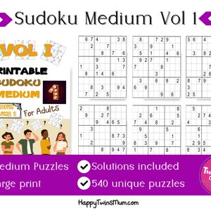 printable sudoku medium for adults vol 2 540 different etsy